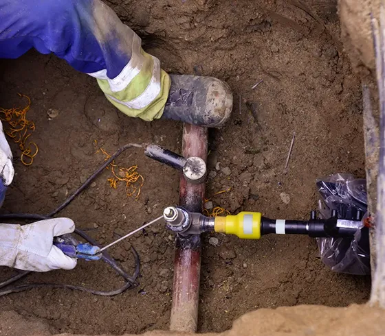 Technician connecting and repairing an outdoor underground gas line system with precision tools in Cedartown, GA.
