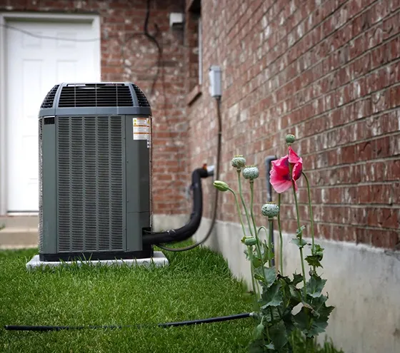 An outdoor HVAC unit installed near a brick house, showcasing reliable heating services.